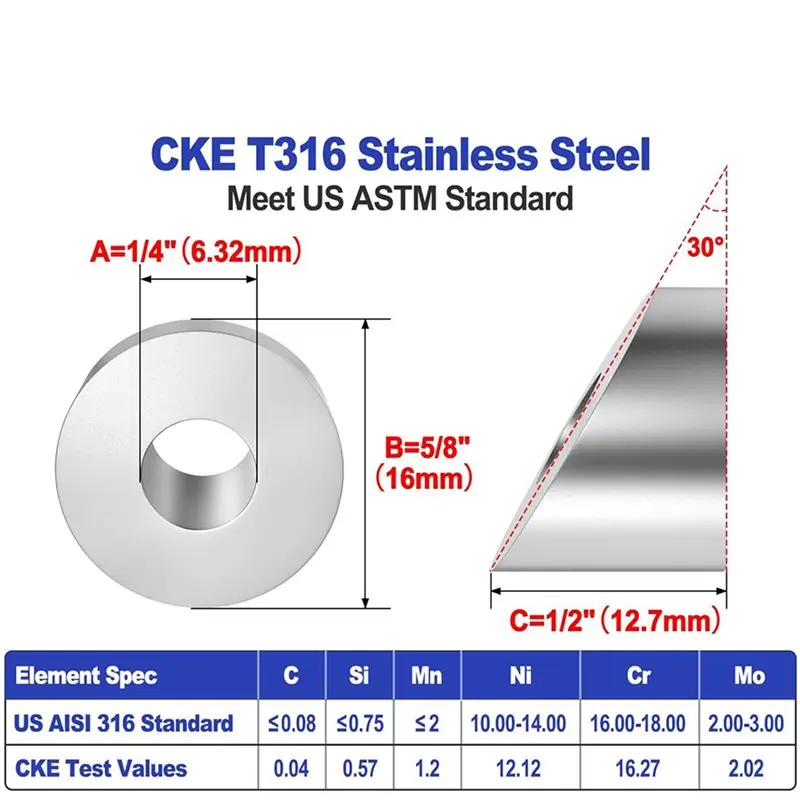 AS94-100 Pack Stainless Steel 1/4In 30 Degree Angle Beveled Washer For 1/8In To 3/16In Deck Cable Railing T316 Marine Grade
