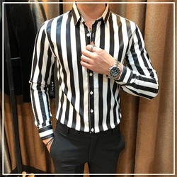 2024 New Spring and Autumn Trendy Men's Fashion Business Casual Polo Collar Stripe Print Oversize Versatile Long Sleeved Shirt