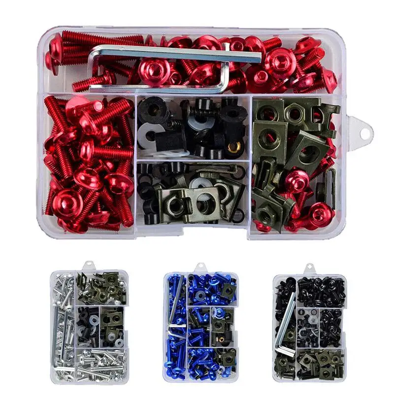 Motorcycle Fairing Bolt Kit, 177pcs M5 M6 Motorcycle Windscreen Screws, Aluminum Fasteners Fairing Bolts Nut Clips Mounting Kit