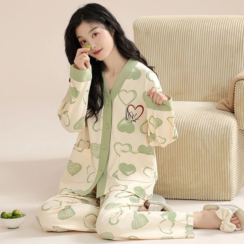 Cute Women Pajamas Autumn Winter Faux Cotton Sleepwear Kimono V-neck Home Suits Nightwear Long Sleeves Sweet Pajamas