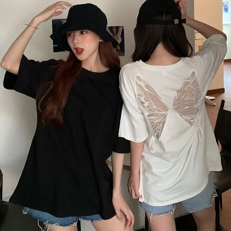 

DAYIFUN-Women's Cotton Short Sleeved T-shirts Butterfly Hollow Open Back Design Tshirts New Loose Tops Long Tees Summer T-shirt