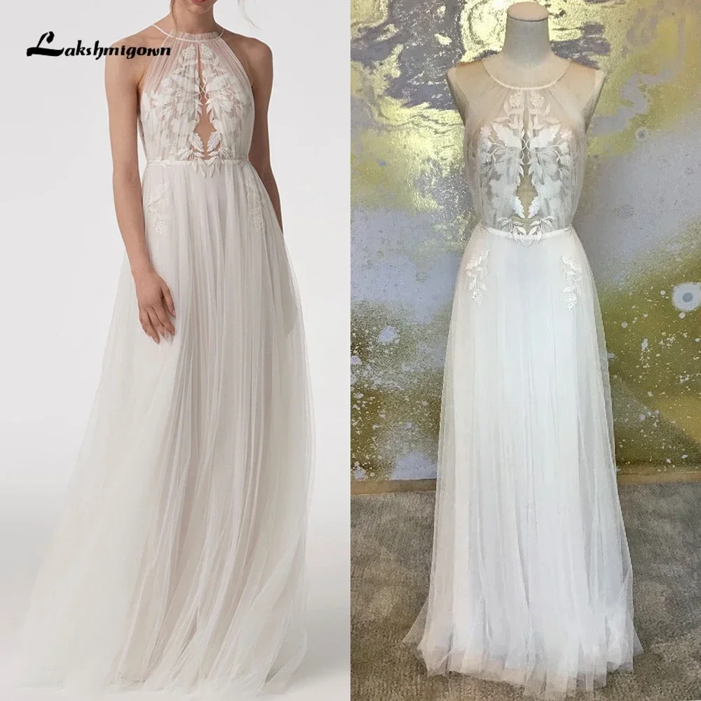 

Boho Vintage Halter Sleeveless Lace Tulle A Line Wedding Dress Beach Bridal Gowns Sweep Vestidos De Novia Robe De MariéeCustomiz