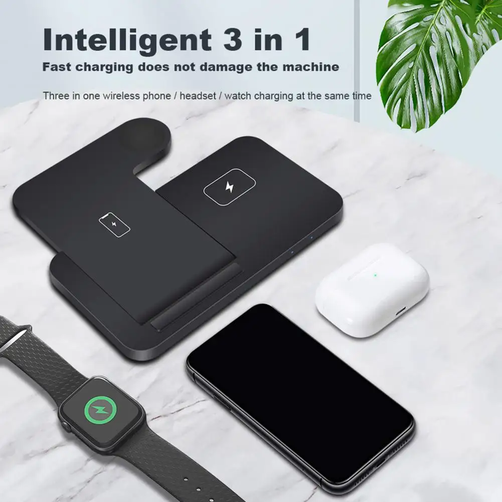 1 Set Wireless Charger Stand 3-in-1 Foldable QI Standard Fast Charging 15W Earphone/Watch/Phone Wireless Charging Base Home Supp