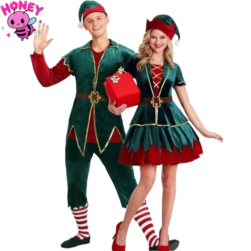 

Рождественский карнавальный костюм, одежда для пар, карнавальное вечернее платье, новогодний косплей, зеленый эльф, рождественское платье с цветочным принтом для влюбленных