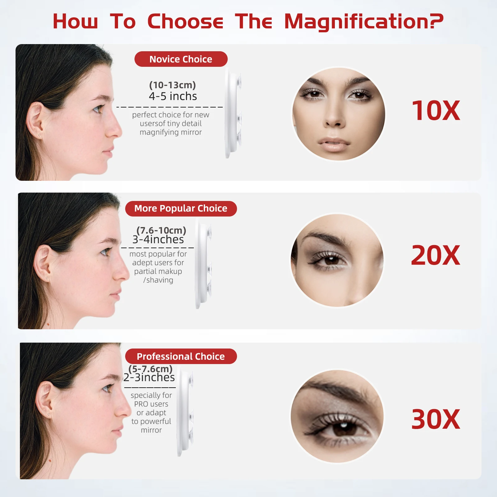 Espelho ampliado de 6 unidades com três ventosas e pinças de montagem, kit de maquiagem de viagem para barbear, remoção de manchas de cravo