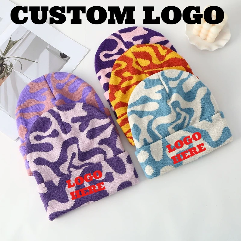 Custom Embroidered Logo Autumn and Winter Color-block Camouflage Knit Hat Unisex Outdoor Skiing Warm Stretch Skull Beanie Caps