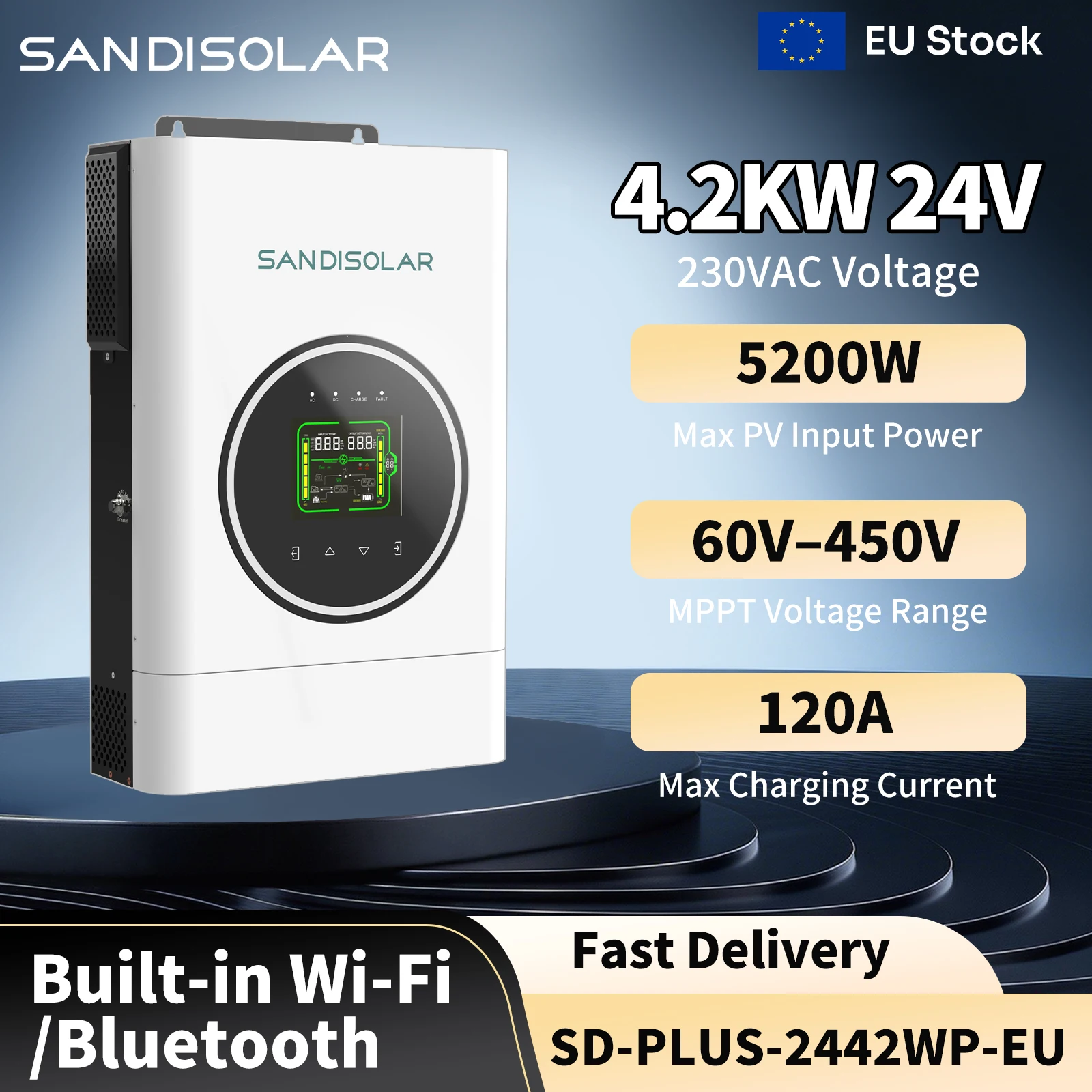Convertisseur solaire hors réseau SANDISOLAR 4,2 kW 24 V vers 230 VAC, onde sinusoïdale pure, chargeur solaire MPPT, convertisseur hybride 120 A, stock UE, WIFI, application