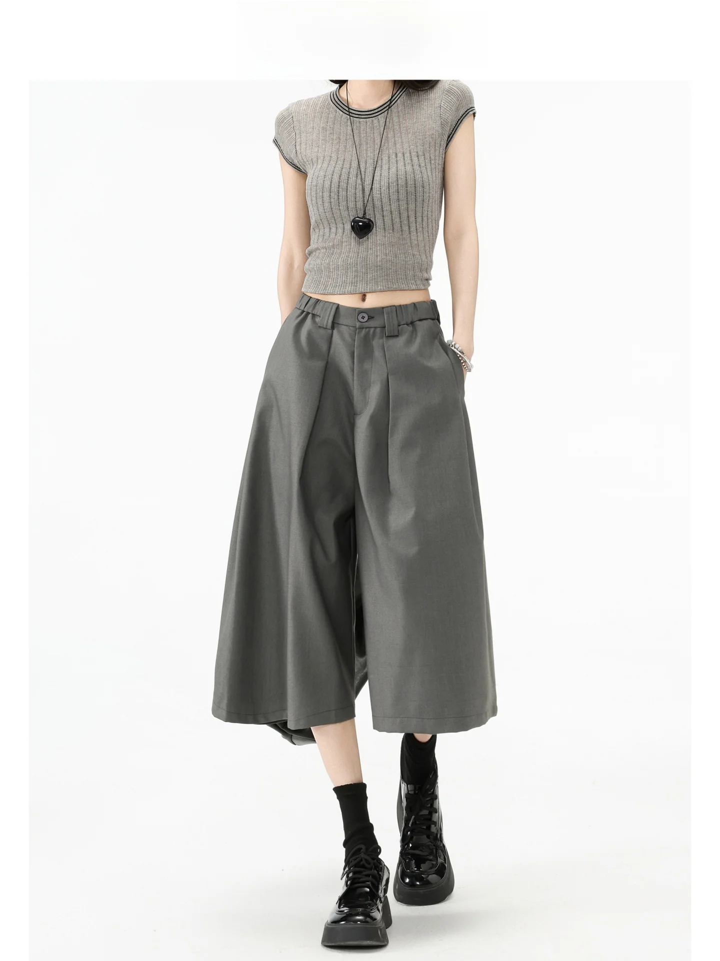 Pantalones Casuales Anchos Grises para Mujer, de Cintura Alta, Corte Recto, Estilo Traje, de Siete Partes, Diseño Sensación Forever 21