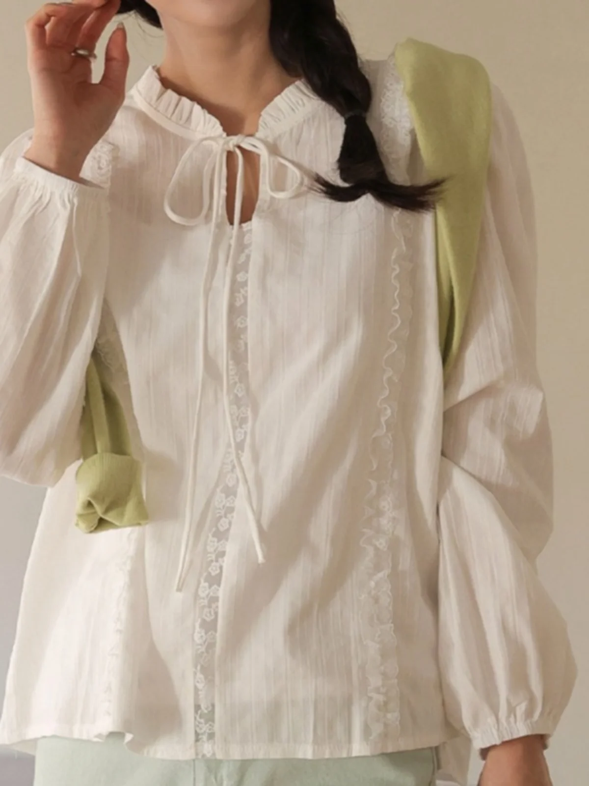 Chic Sweet Design Damen Weiß IRT Spring Faionable Tied Top Inner Wear Korean Sle Loose Bubble Sve Pure Color