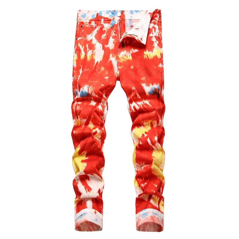 

Mcikkny Men Hip Hop Tie Dye Jeans Streetwear Printed Denim Trousers Fashion Slim Streetwear Pants For Male