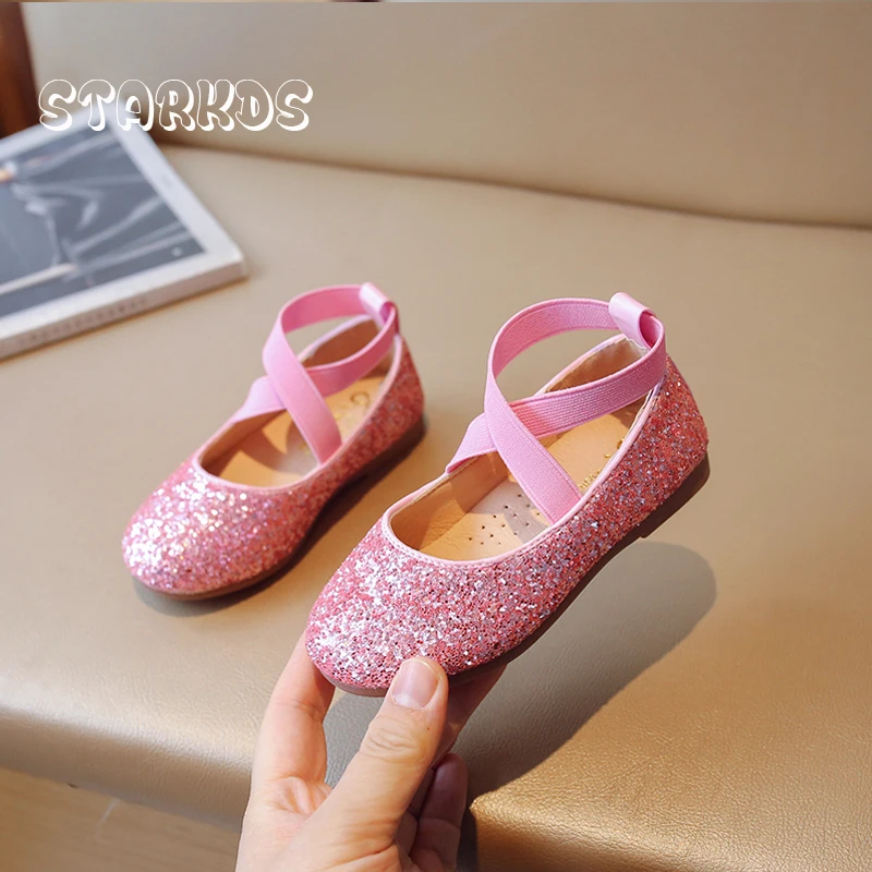 Glitter Ballerina Shoes Girls Luxury Bling Bling Party Dress Ballet Flats with Cross Tied Elastic Band in Gold Pink Color