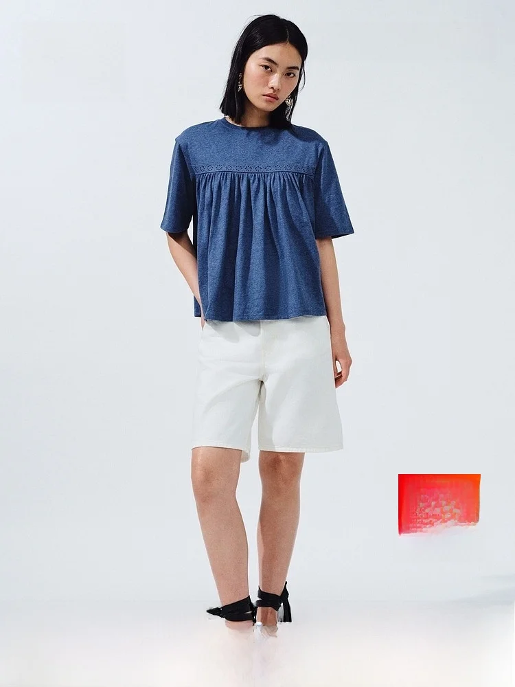 

H&M Summer New Women's Lace Inlay Cotton Top Casual Style Standard Version Shoulder Drop Sleeve Pure Color T-shirt