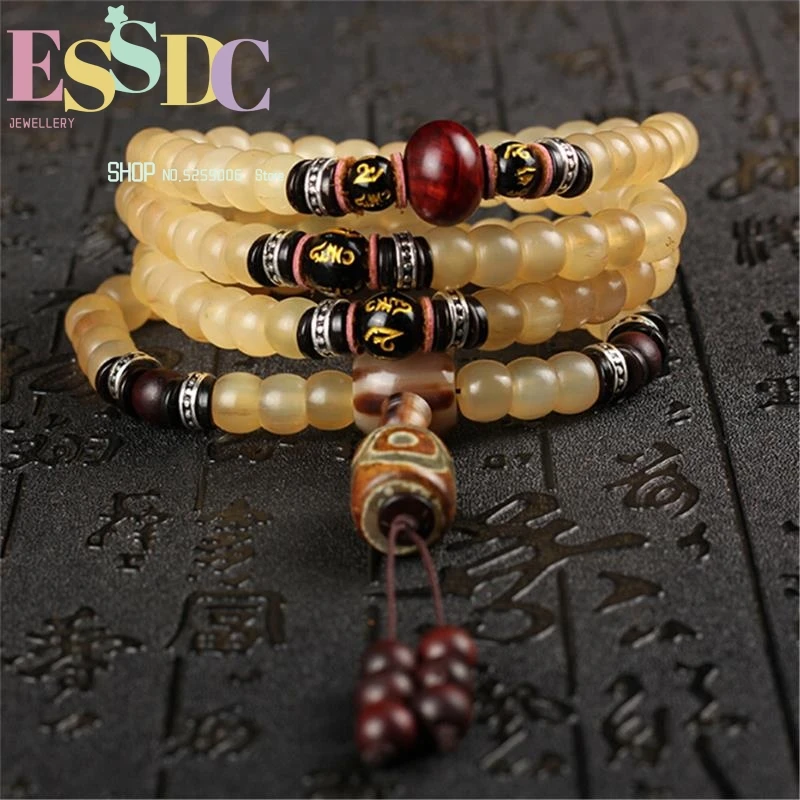 

Tibetan Natural Sheep Horn 108 Mala Hand Polished Bucket Beads Strand Bracelet Necklace Buddhist Six Words Jewelry for Men Women