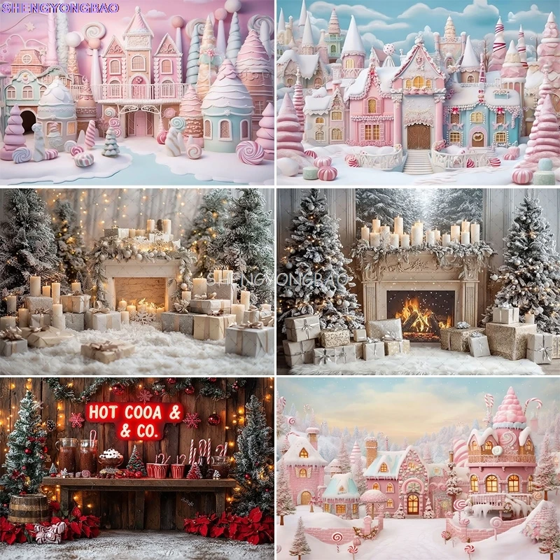 

Festive Christmas Room Fireplace Photography Backdrops Winter New Year Holidays Party Xmas Tree Window Photo Background BR-08