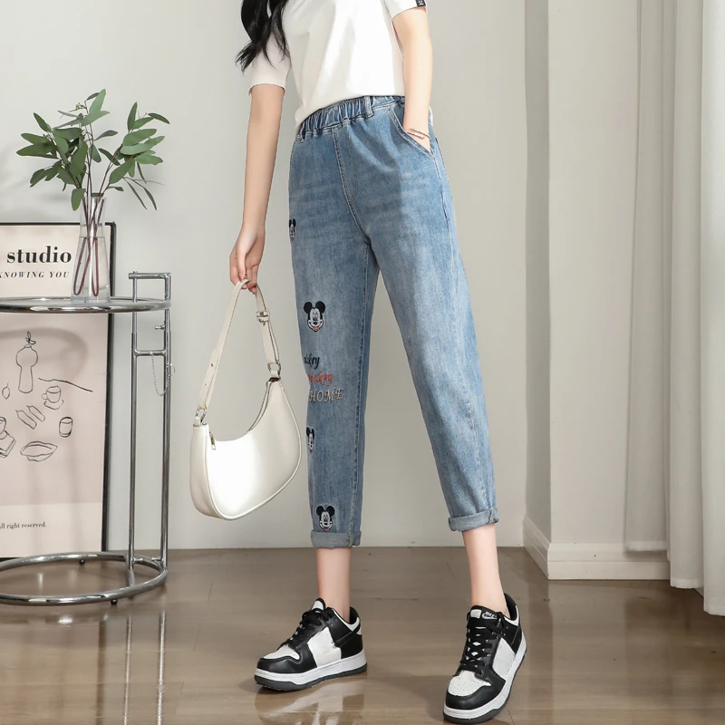  Cartoon Embroidery Harem Jeans Female 2024 New Eight Denim Pants Spring And Summer Show Skinny Cropped Pants Trousers