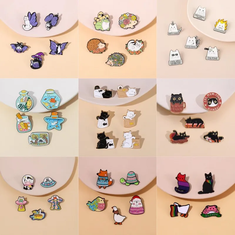 Custom 4~6 Style Cartoon Cat Reading Books Metal Enamel Pins Cute Skull Lapel Badges Backpack Personality Jewelry Gift Wholesale