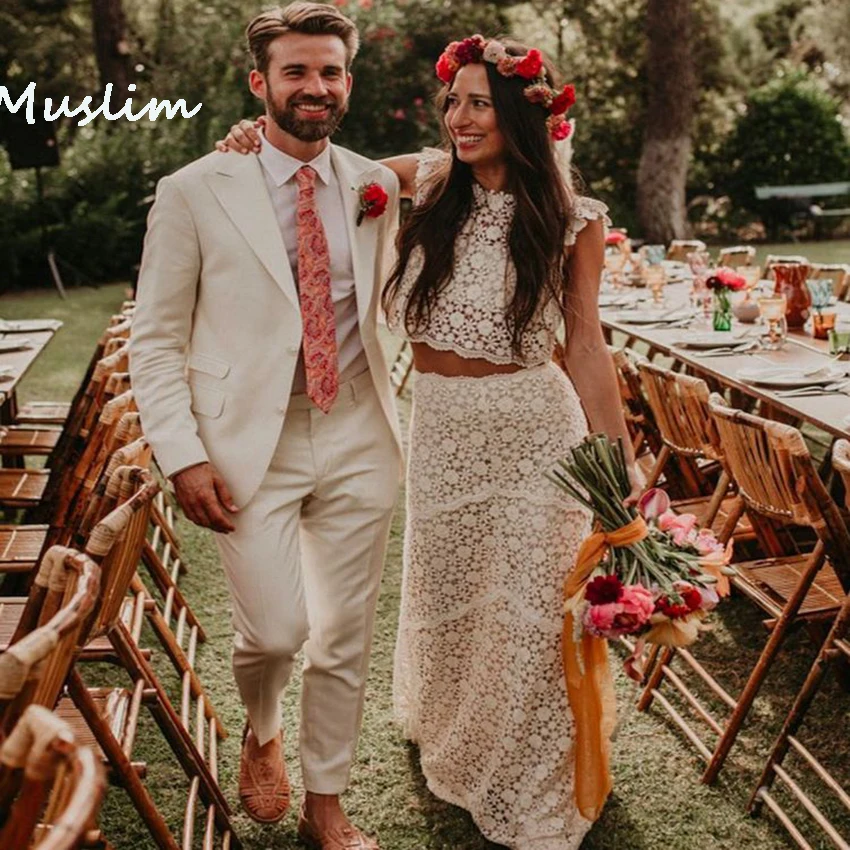 Gaun pernikahan Boho renda pedesaan seksi dua potong gaun pengantin Backless Bohemian Negara gaun pengantin perempuan jubah disesuaikan