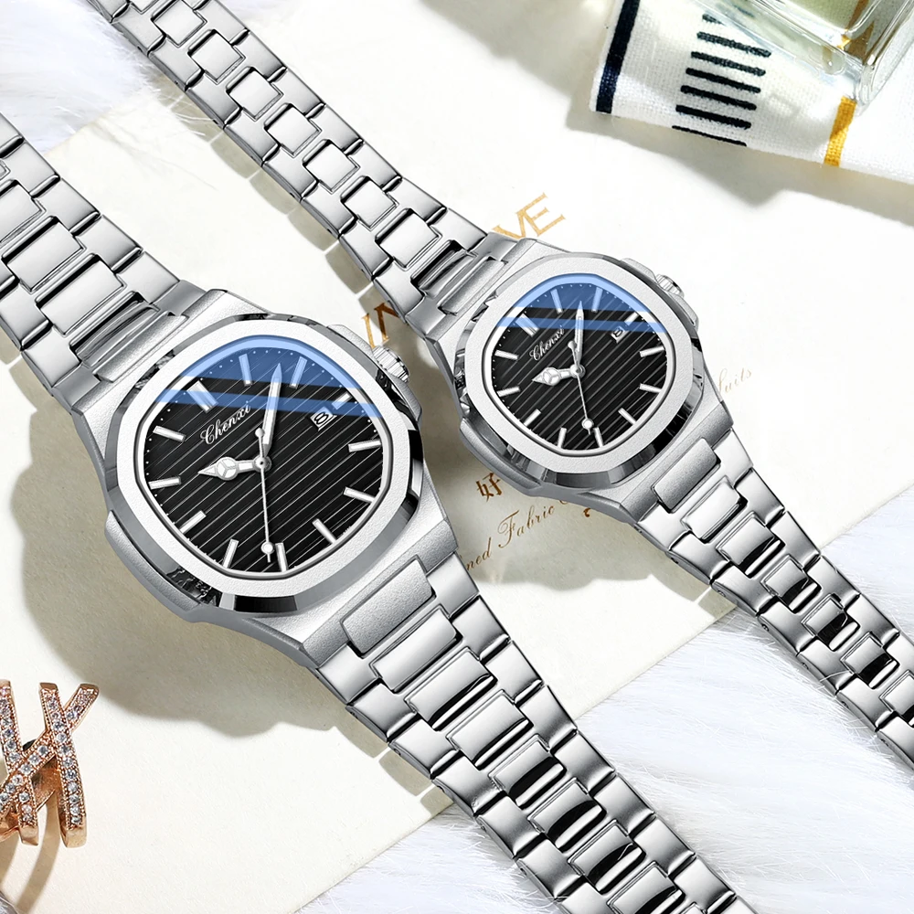 CHENXI أعلى الفاخرة مربع زوجين ساعة المعصم عالية الجودة الكوارتز مطابقة الساعات الفولاذ المقاوم للصدأ حزام للماء الرجال ووتش #3