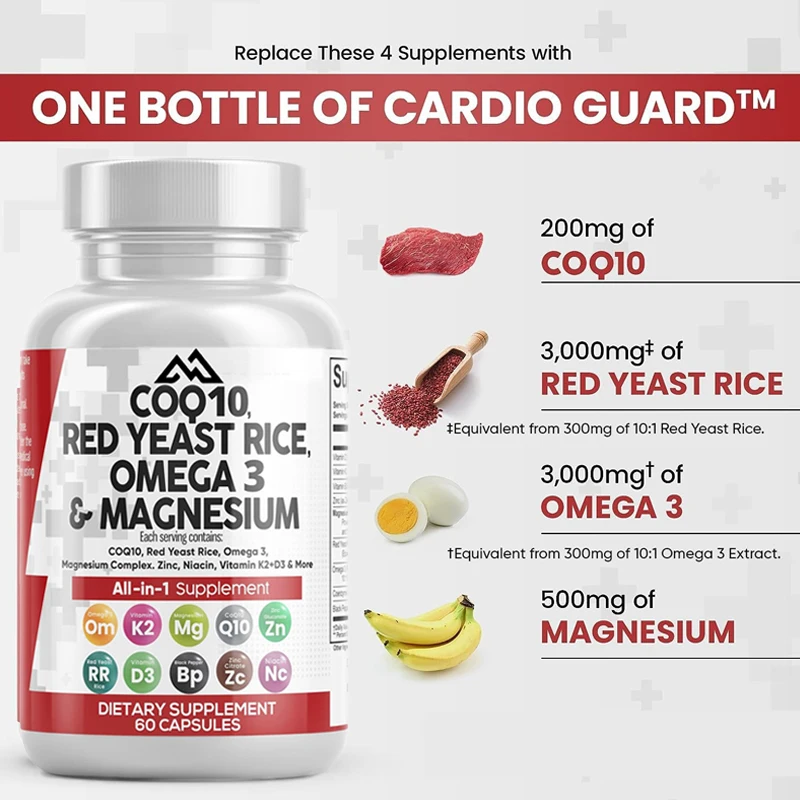 COQ10 Red yeast rice Omega 3 magnesium complex Niacin Zinc Vitamin K2 D3- Male and Female Heart Health Support Capsules