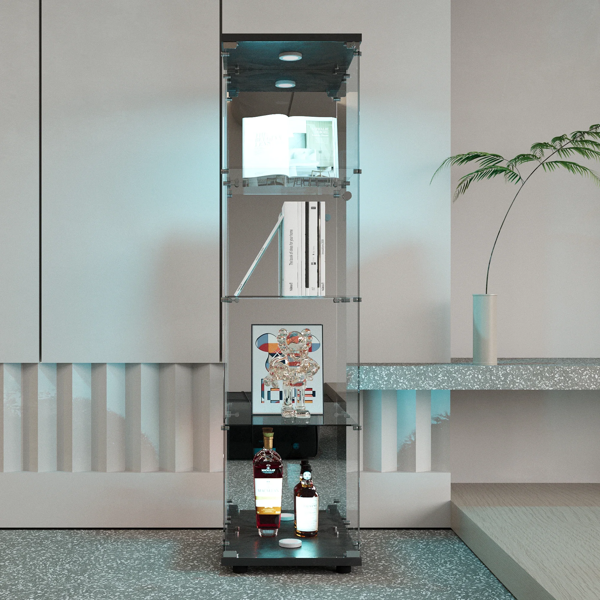 Vitrina de vidrio, vitrina de vidrio de 4 capas con LED, para sala de estar, dormitorio, bulcak (se puede equipar con ruedas universales)