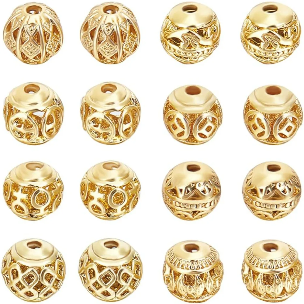 1 Box 32Pcs Golden Round Beads 18K Gold Plated Brass Hollow Beads 8 Style Spacer Loose for Earrings making kit