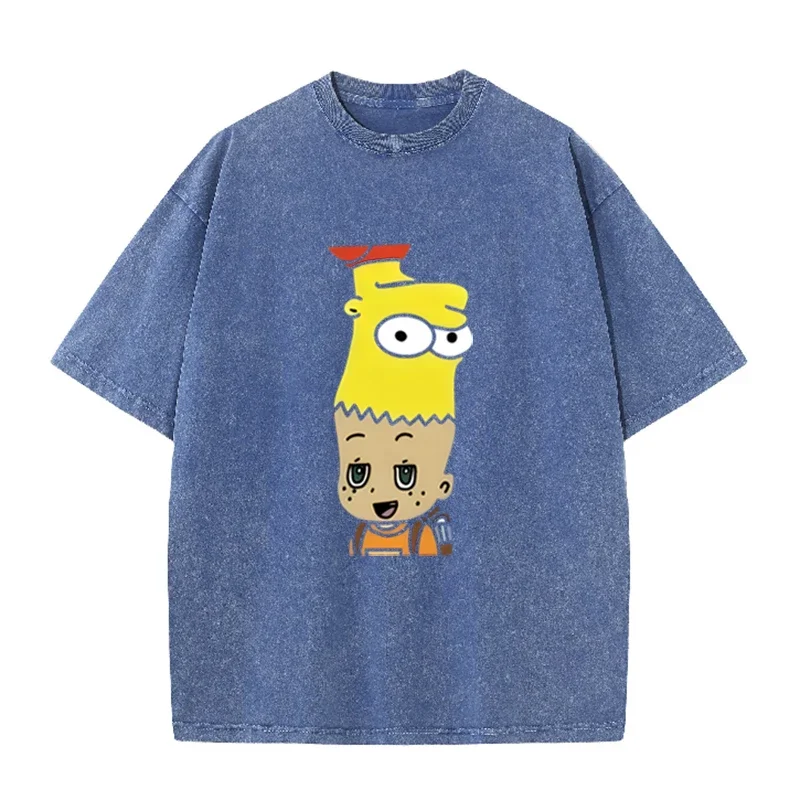 Mashup Cartoon Bart Simpson Print Vintage Washed T Shirt Black Casual Streetwear