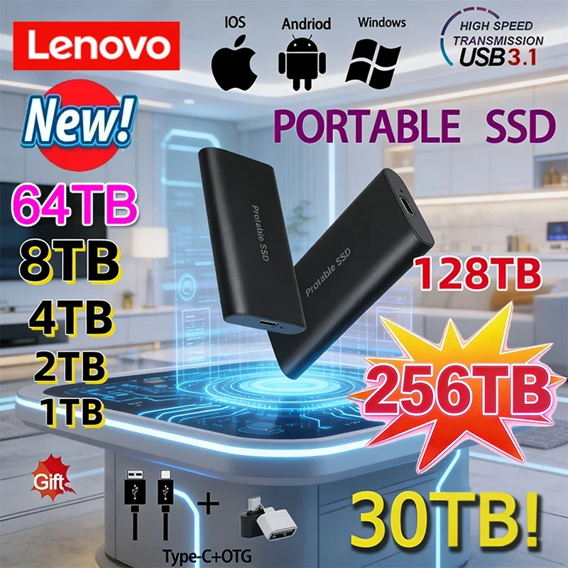 

Портативный SSD-накопитель Lenovo 2 ТБ, 4 ТБ, 8 ТБ, 256 ТБ: высокоскоростные твердотельные диски большой емкости для ноутбуков/MAC