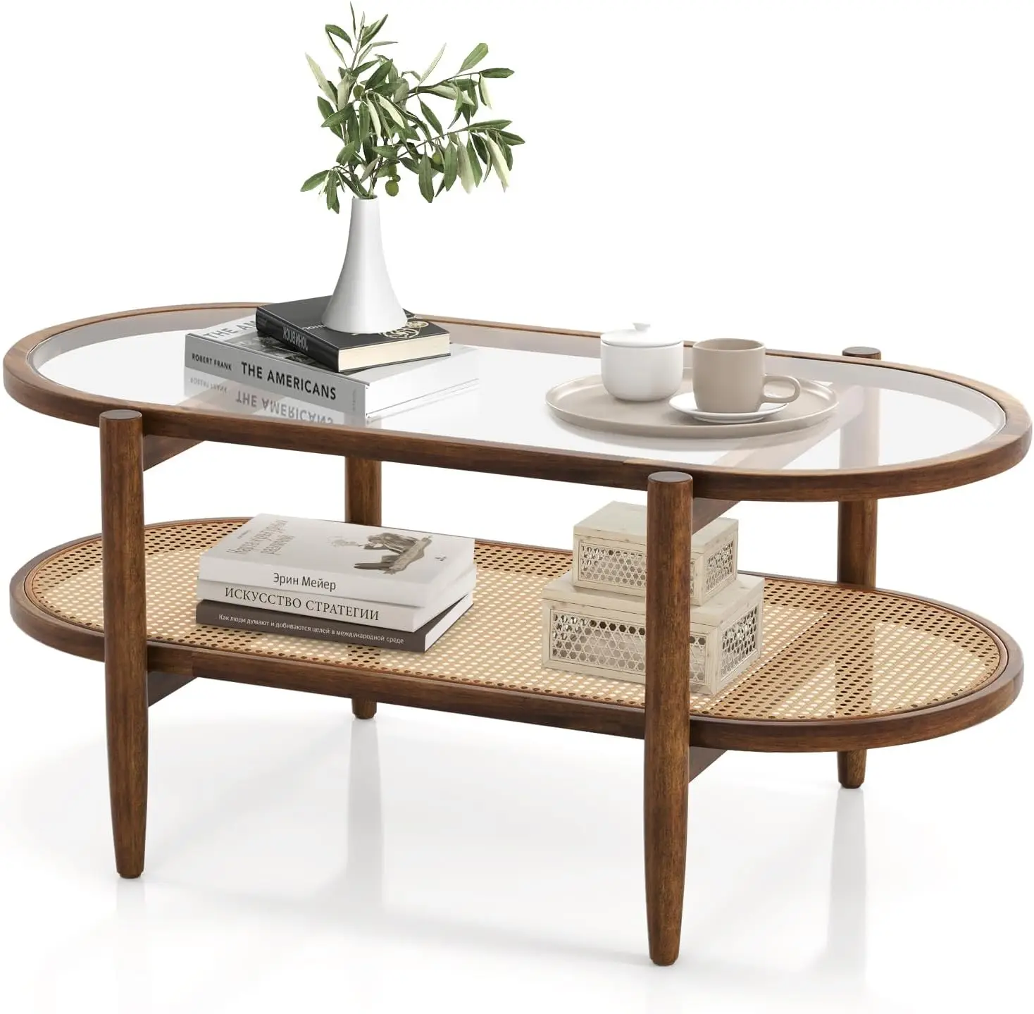 

Rattan Coffee Table, 40”L Boho Oval Acacia Wood Cocktail Table with Tempered Glass Tabletop & PE Rattan Storage Shelf,