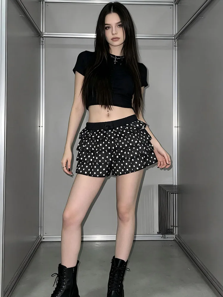 Y2K retro millennium spicy girl style black and white polka dot printed cake skirt with elastic waist and bow decoration