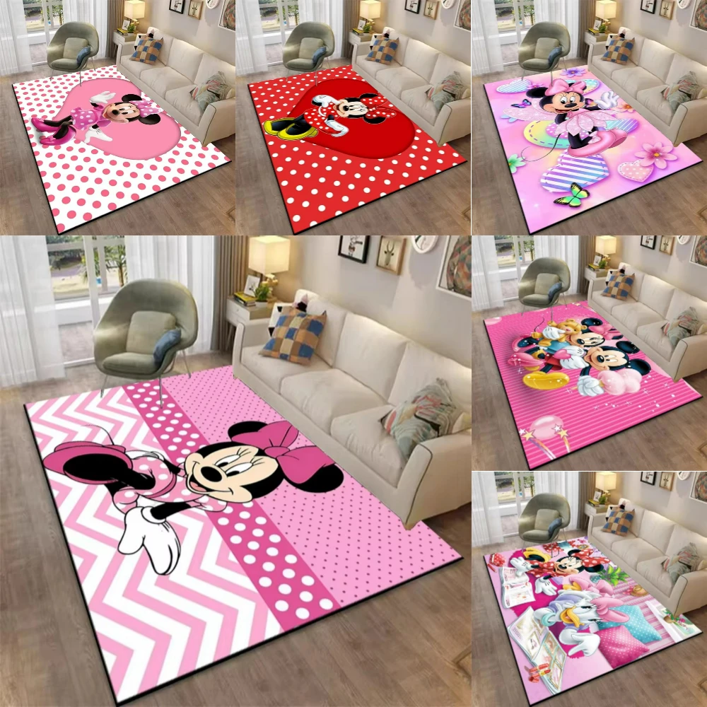MINISO Disney Pink Minnie Mouse Print Carpet for Kids Bedroom Living Room NonSlip Rug Home Decor Gift Playful Baby Playmat Gift