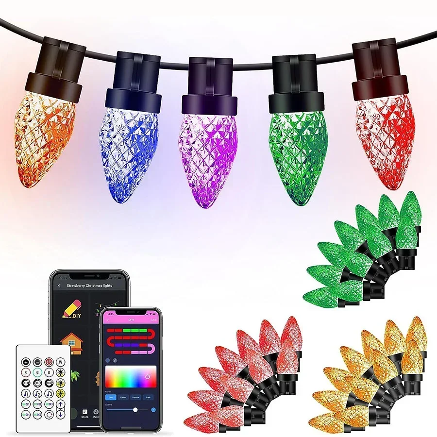 

Smart APP Fairy Light 25/50 LED C9 Strawberry Christmas String Light Wedding Holiday Fairy Garland Light For Garden Patio Decor