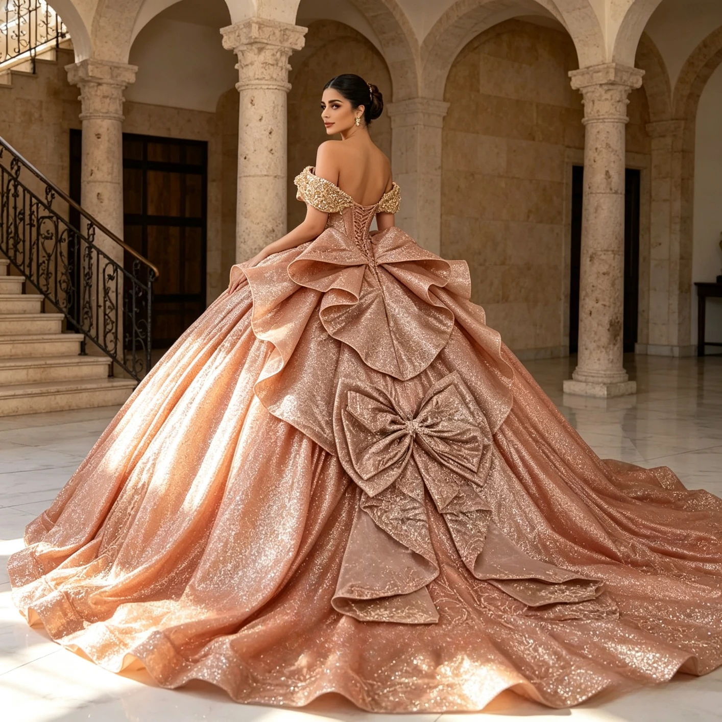 Customized Off‑Shoulder Rhinestone Glitter Quinceanera Gown Oversized Bow Floor‑Length Ball Dress for Sweet 15 Birthday Gala