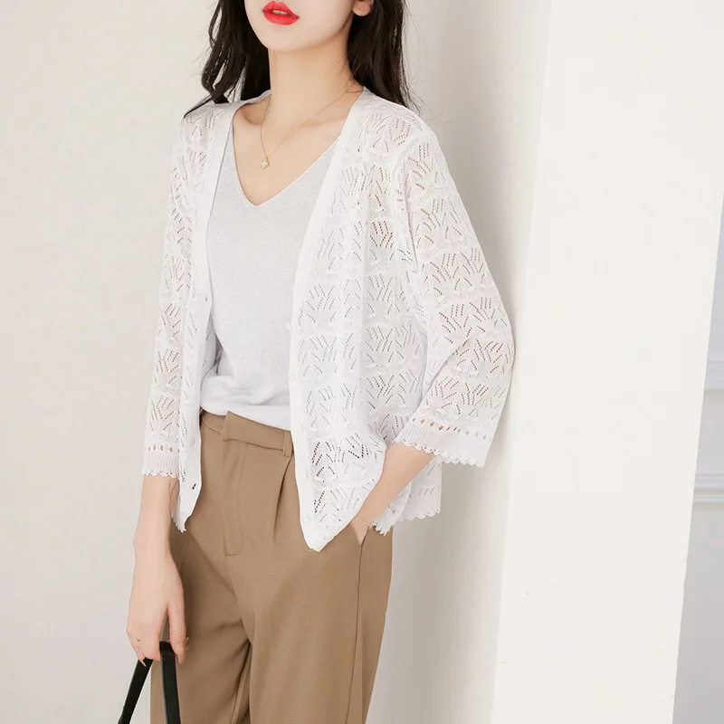 Spring Summer Women\'s Thin Hollow Knit Cardigan Korean Fashion Top Short Loose Air-conditioned Sunscreen Shirt Grace New