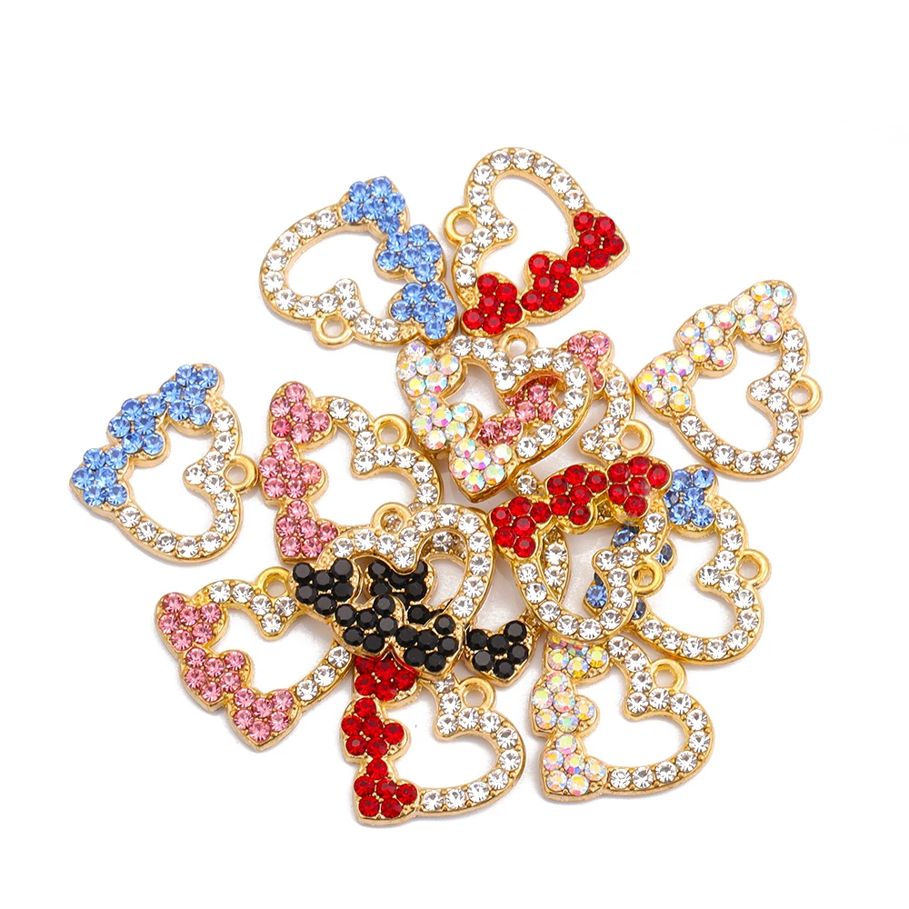 JQ 10pcs Multicolour Crystal Rhinestones Heart Charms Couple Gifts Jewelry Accessories DIY Keychain Jewelry Making Supplies