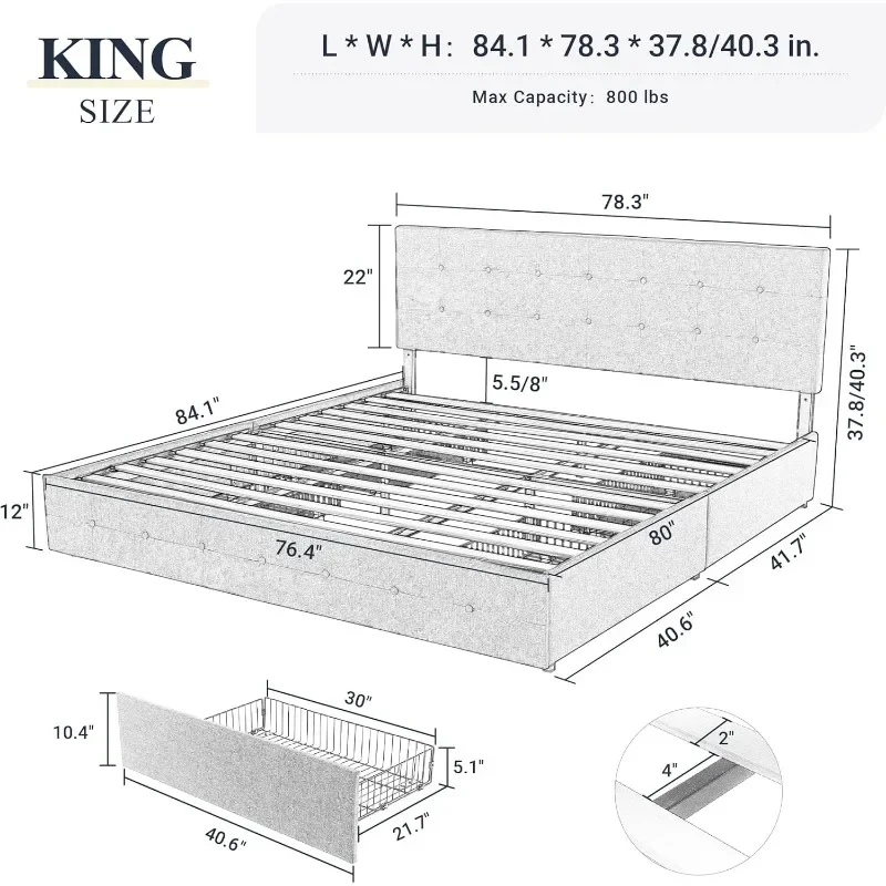 Struttura letto king size con piattaforma con 4 cassetti portaoggetti e testiera, capitonnè con bottoni cuciti quadrati, materasso fondotato