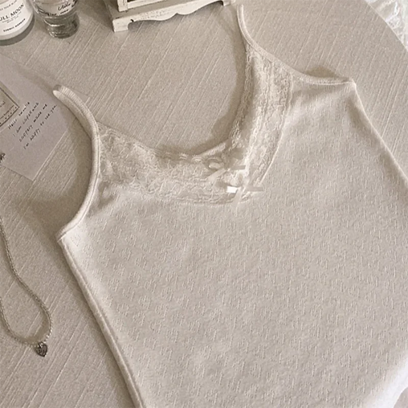 Cute Knitted Crop Tops Women Summer Cropped Love Shape Hollow Out Lace Trim Bows Cotton Tops for Sweet Girls Kawaii Clothes