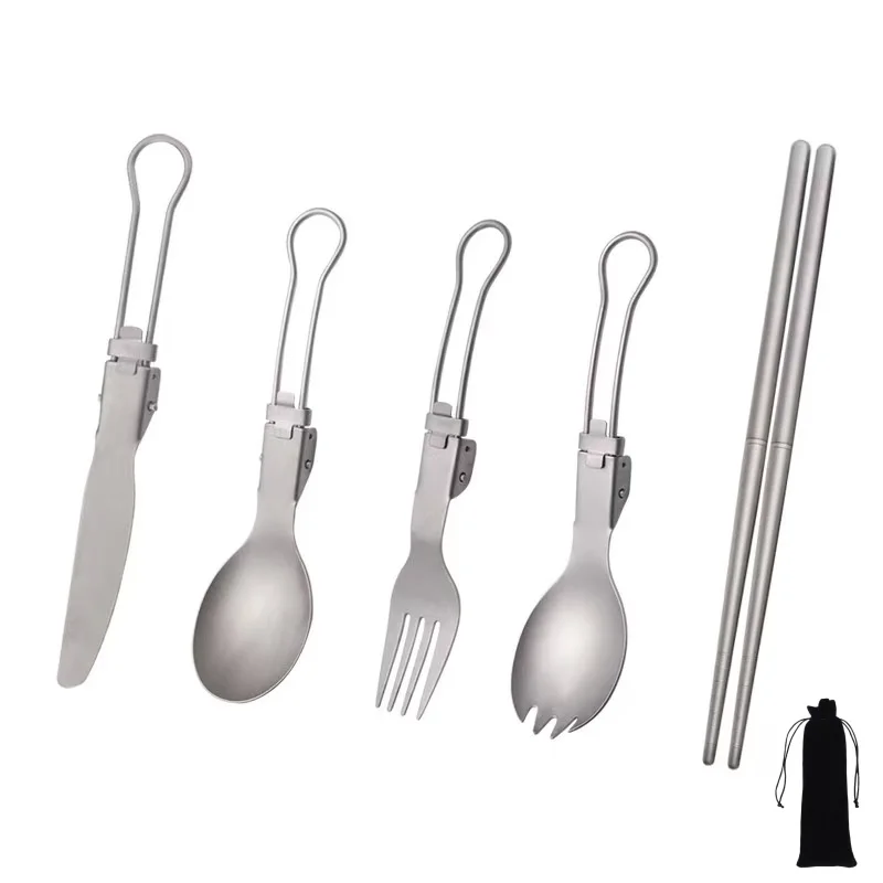 Titanium Foldable Utensil Set with Fork Spoon Knife Chopsticks, Portable Lightweight Combination for Hiking Camping Backpacking