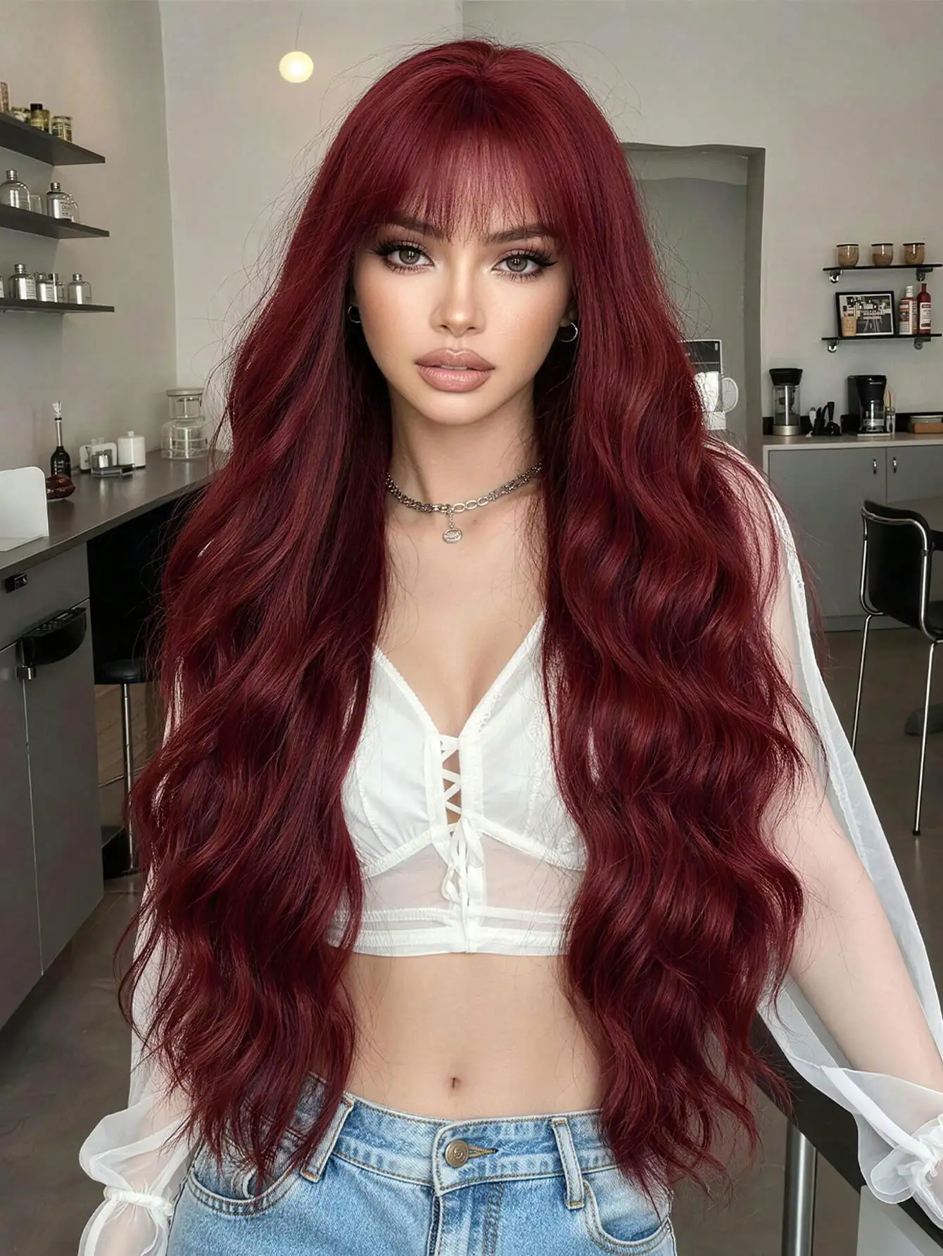 28 Inch Wine Red Long Loose Curly Wig With Air Bangs For Ladies, Heat Resistant Synthetic Full Head Wig, Natural Wavy Wigs For Party Cosplay Halloween Christmas