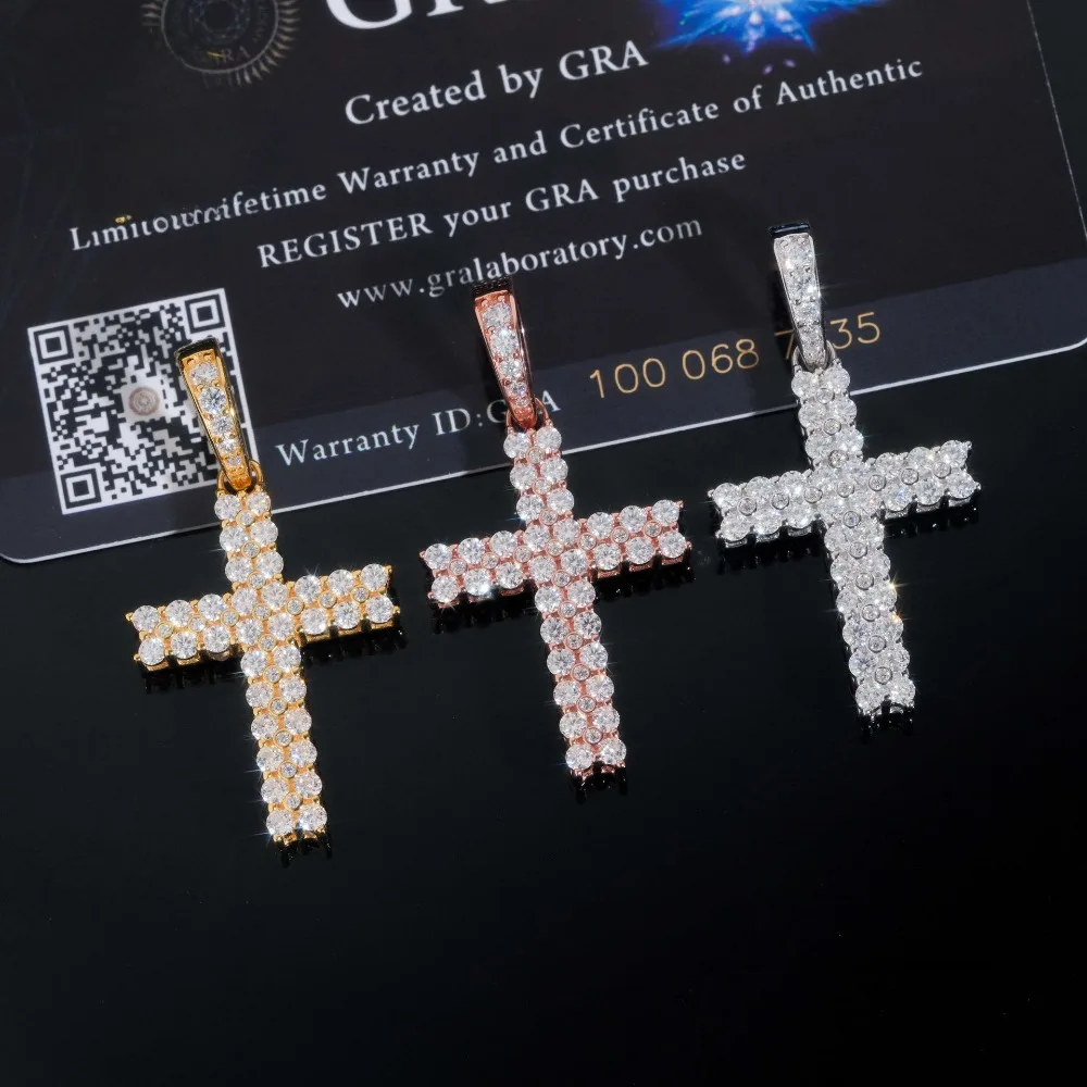 

S925 Silver Iced Moissanite Cross Pendant Two Rows Hiphop Rock Men Bling Mosan Diamond Tennis Chain Pendant Necklace