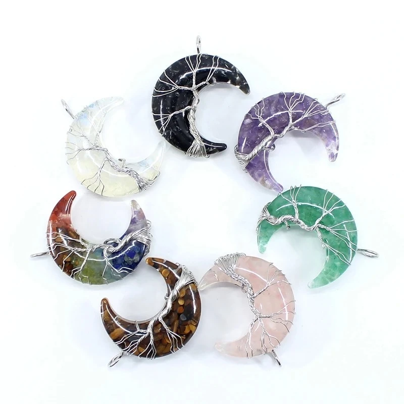 30x45 مللي متر الحجر الطبيعي الراتنج أقمار كريستال المعلقات 7 الشاكرات شجرة الحياة سلك التفاف الهلال الكوارتز الفولاذ المقاوم للصدأ عقد دي اي واي