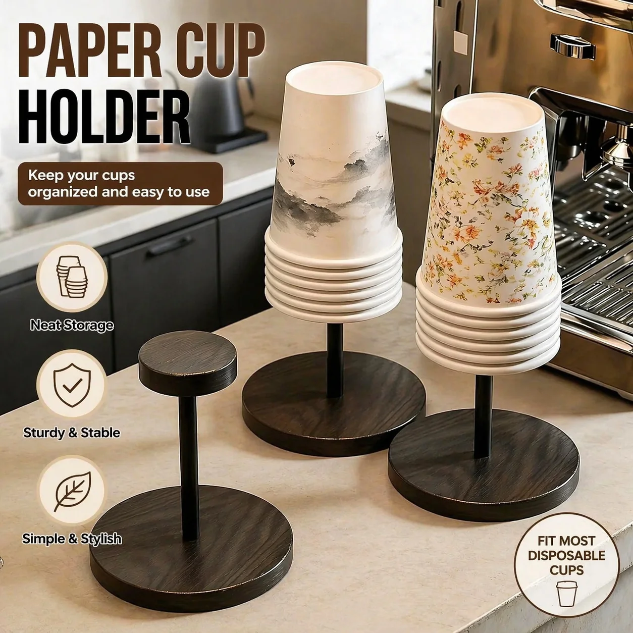Suporte de Copos de Papel Descartáveis em Madeira Cor Noz, Ideal para Cantinhos de Café Domésticos, Cozinhas e Pequenos Balcões de Bar