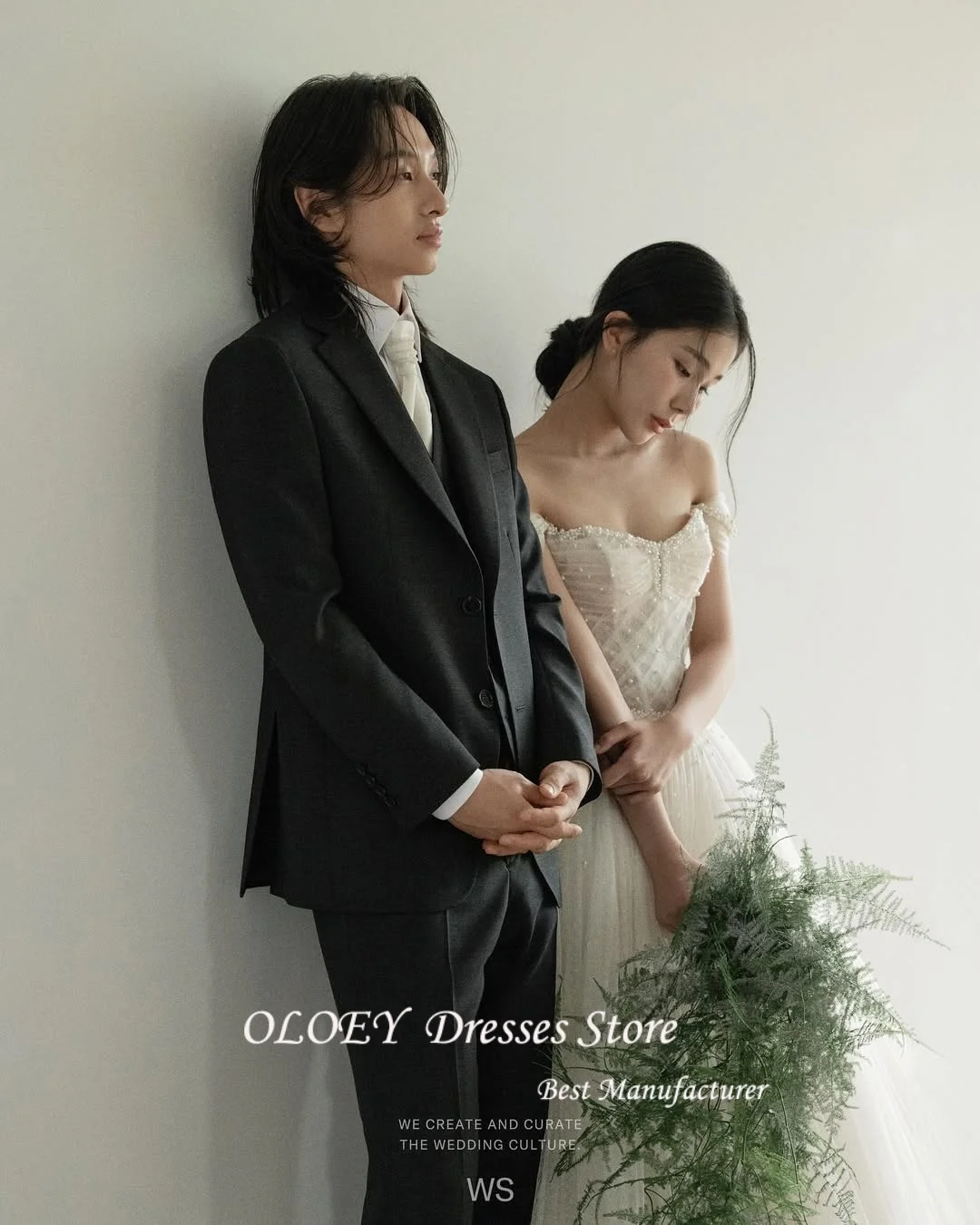 OLOEY Classic 웨딩드레스 Off Shoulder A-line Korea Wedding Dresses Beaded Pearl Tulle Pleat Corset Bridal Gowns Customized