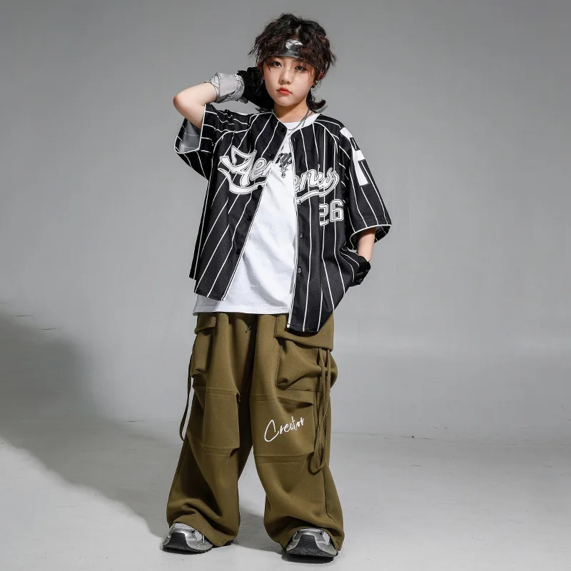 

Kid Hip Hop Clothing Black Stripe Baseball Cardigan Shirt Army Green Casual Pleat Cargo Pants for Girl Boy Dance Costume Clothes