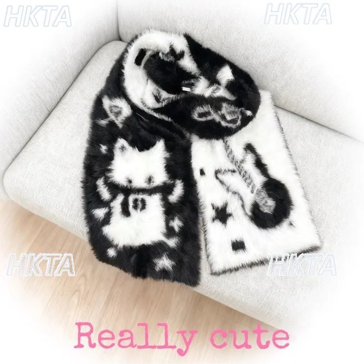 Syal Bulu Imitasi Dua Sisi Motif Gitar Musik Kucing Kartun Lucu Hitam Putih Gaya Gotik Y2K untuk Wanita, Syal Leher Hangat Serbaguna Musim Dingin Terbaru