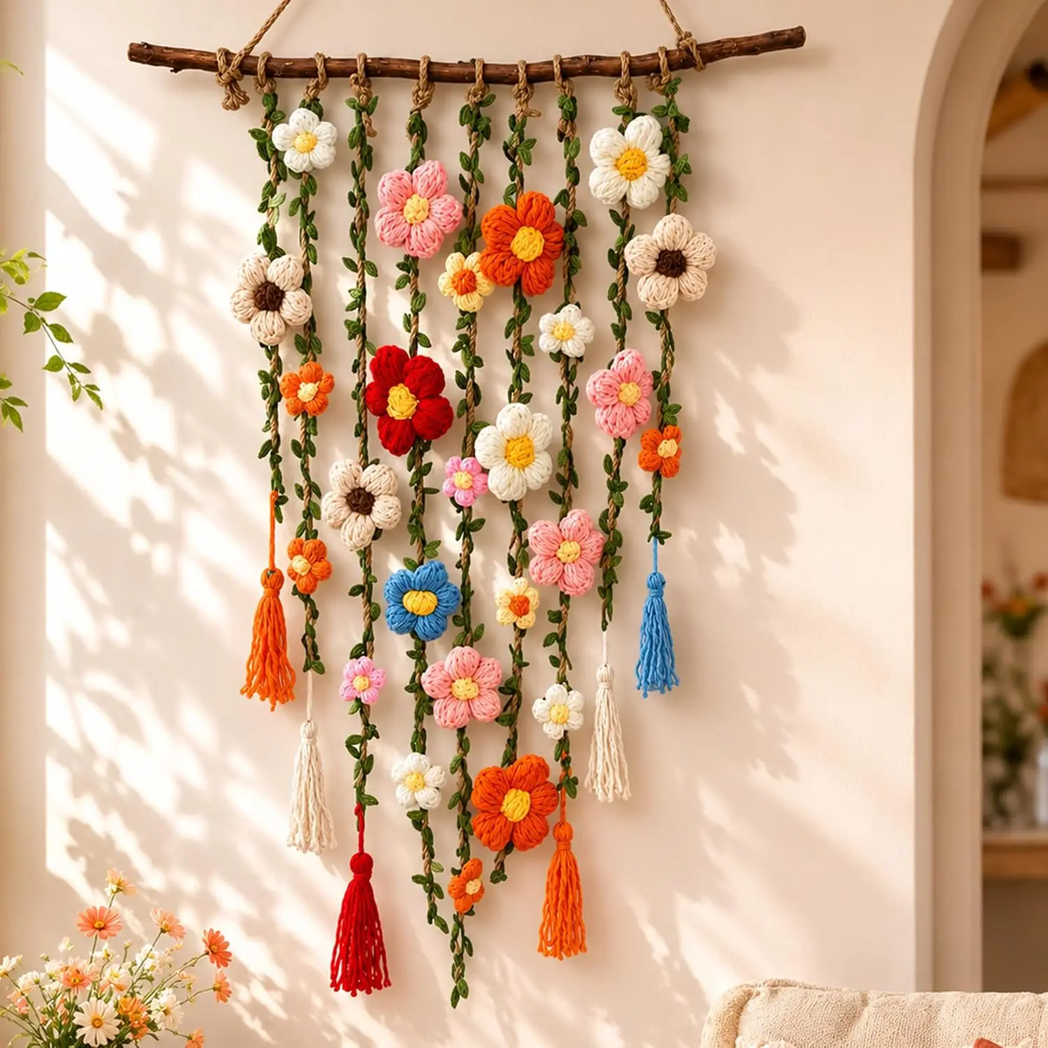 Handmade Bohemian Style Crochet Flower Wall Decoration Pendant Flower Weaving with Hanging Feature for Home Decor