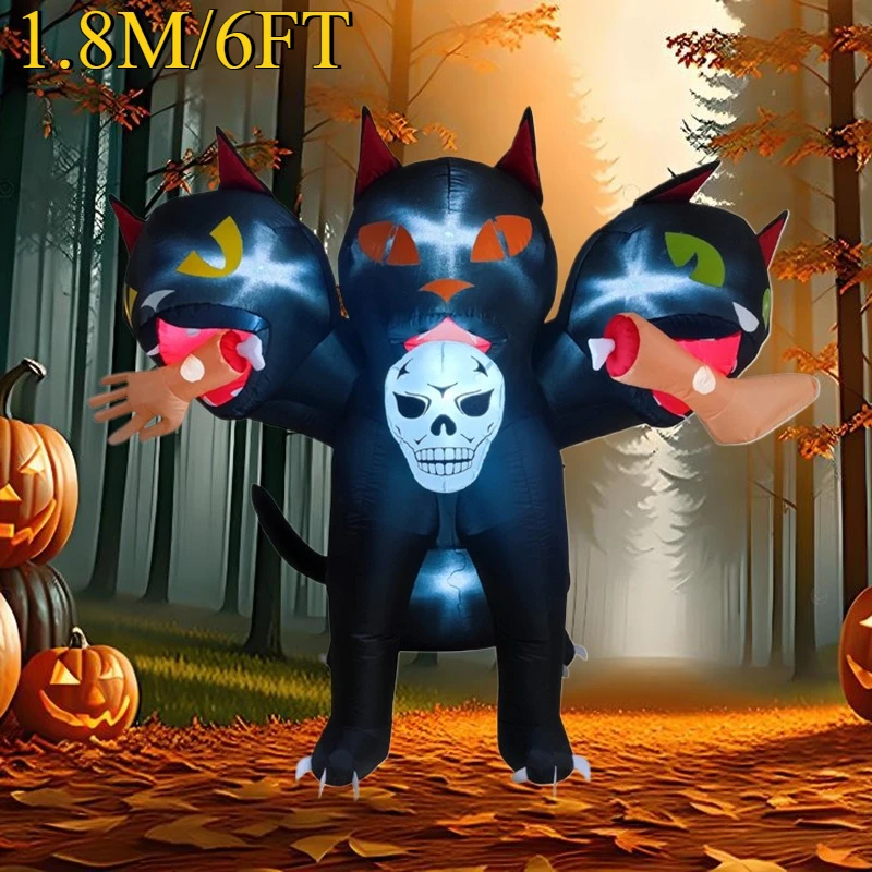 

6 футов Хэллоуин, праздничная вечеринка, надувные игрушки, кошка с тремя головками, уличные украшения со встроенными светодиодными фонарями для газона и двора