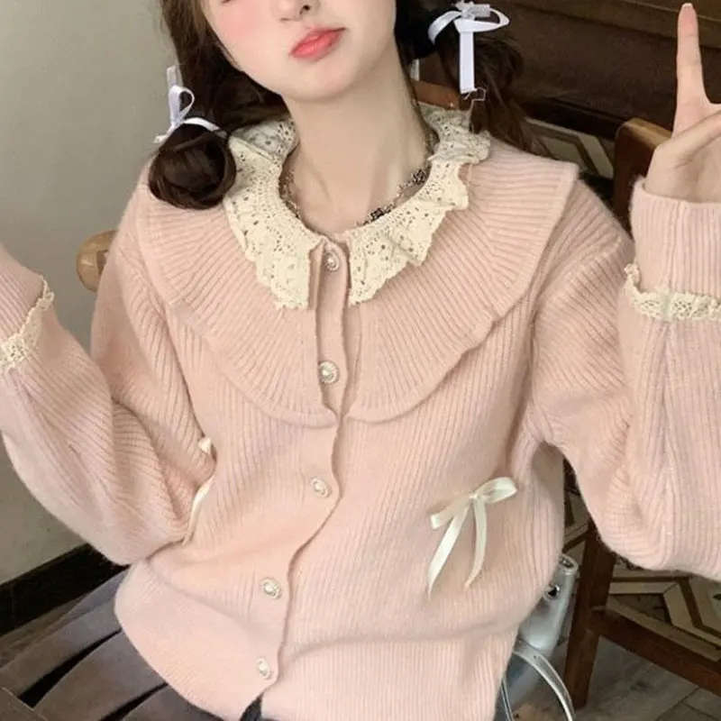 Sweet Doll Collar Lace Spliced Sweaters Autumn Winter New Fashion Bow Women\'s Clothing Long Sleeve Casual Loose Knitted Cardigan