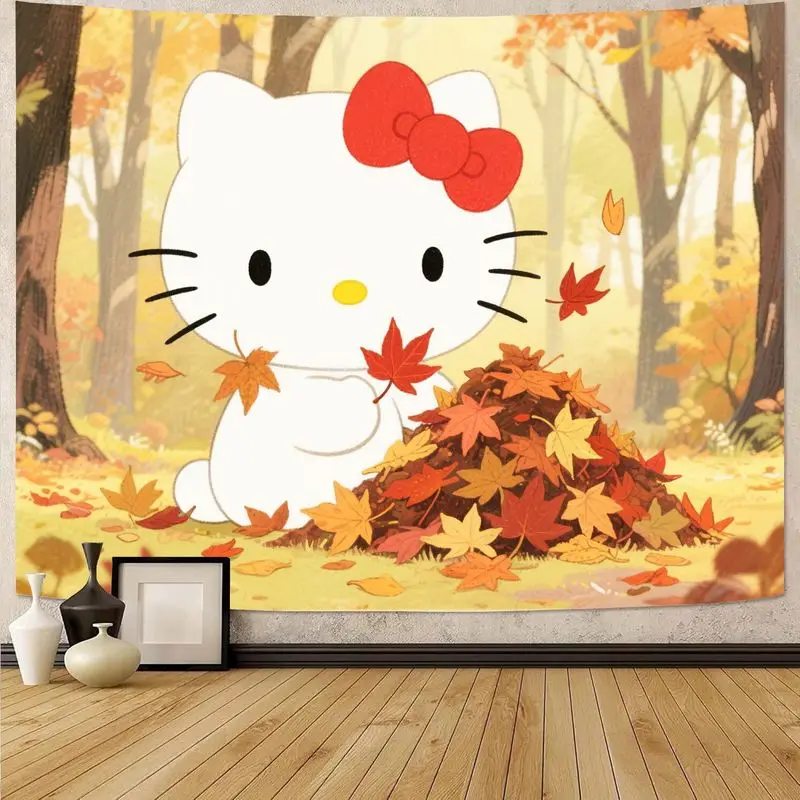 

1 шт. гобелен Sanrio Hello Kitty с осенними листьями, эстетическое настенное искусство Kawaii, уютный декор комнаты, подарок для фанатов котят.