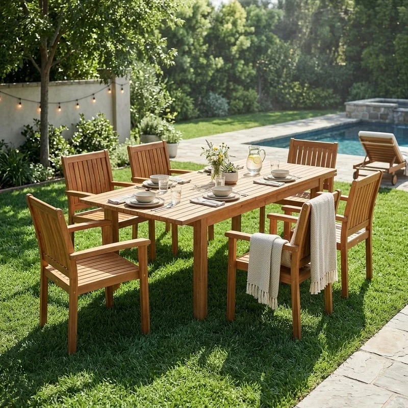 

6-Piece Acacia Wood Outdoor Dining Set with Large Table and 6 Modern Chairs for Lawn, Backyard, Garden Deck, Poolside