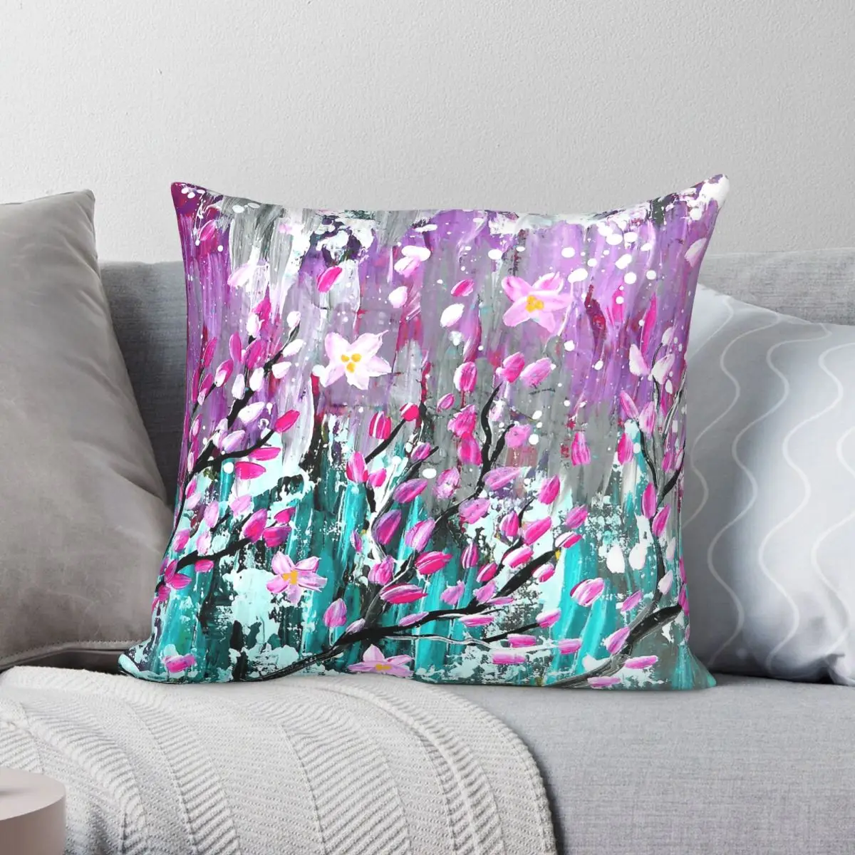 Sakura In The Wind Square Pillowcase Polyester Linen Velvet Creative Zip Decor Throw Pillow Case Sofa Cushion Cover 18